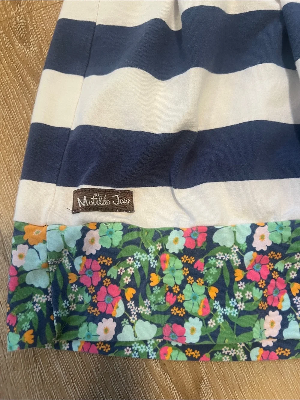 Matilda Jane Size 6 Girls Navy and White Striped Dress with Floral Hem